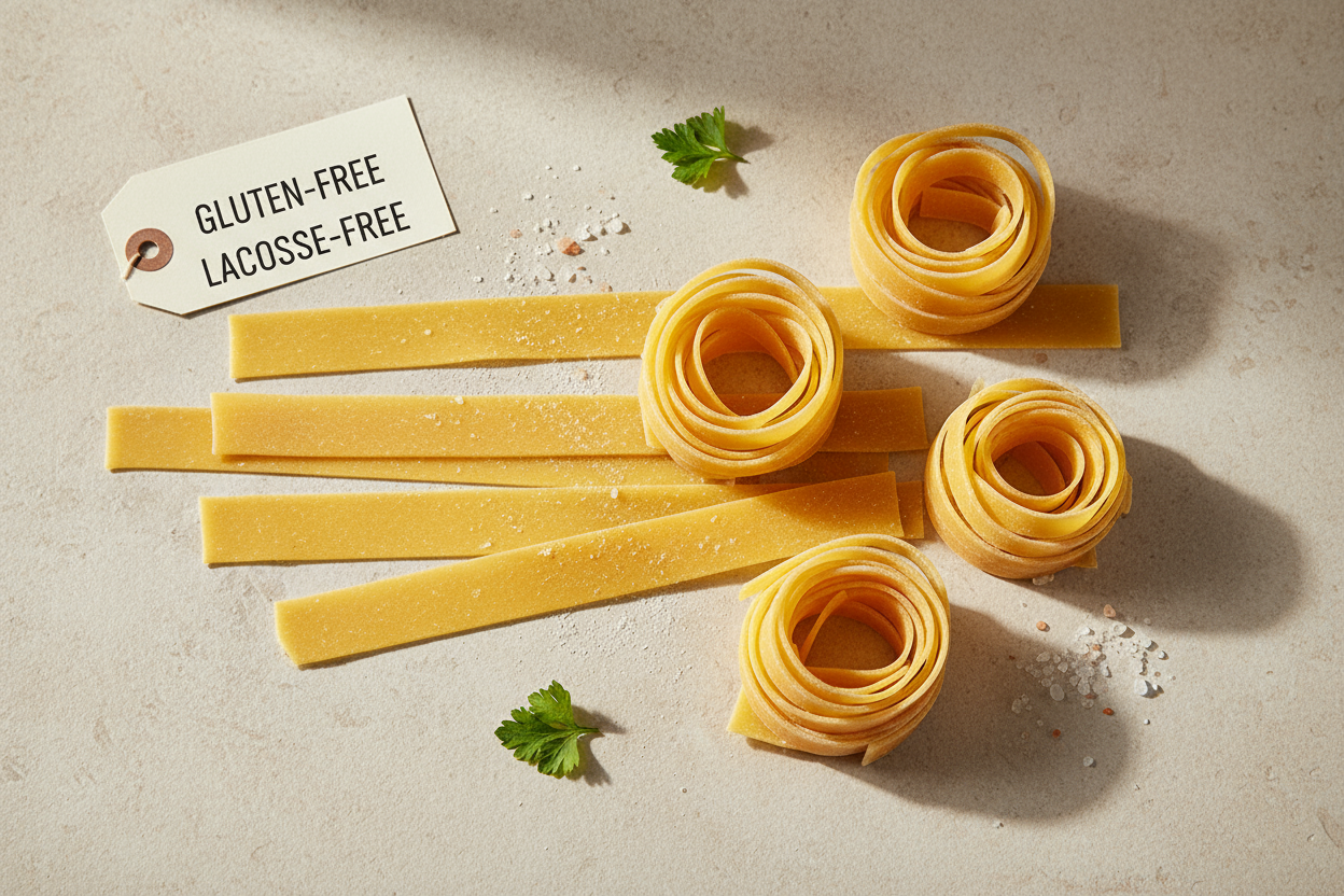 Foto professionale di pappardelle fresche all’uovo senza glutine e senza lattosio, distese o arrotolate, fondo beige chiaro, luce naturale, inquadratura frontale, stile e-commerce.