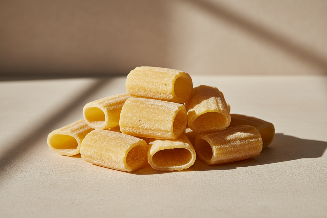 Foto professionale di pasta fresca artigianale tipo mezzi paccheri  realizzata in un laboratorio artigianale, su fondo neutro beige chiaro, luce naturale diffusa, inquadratura frontale, stile e-commerce premium.