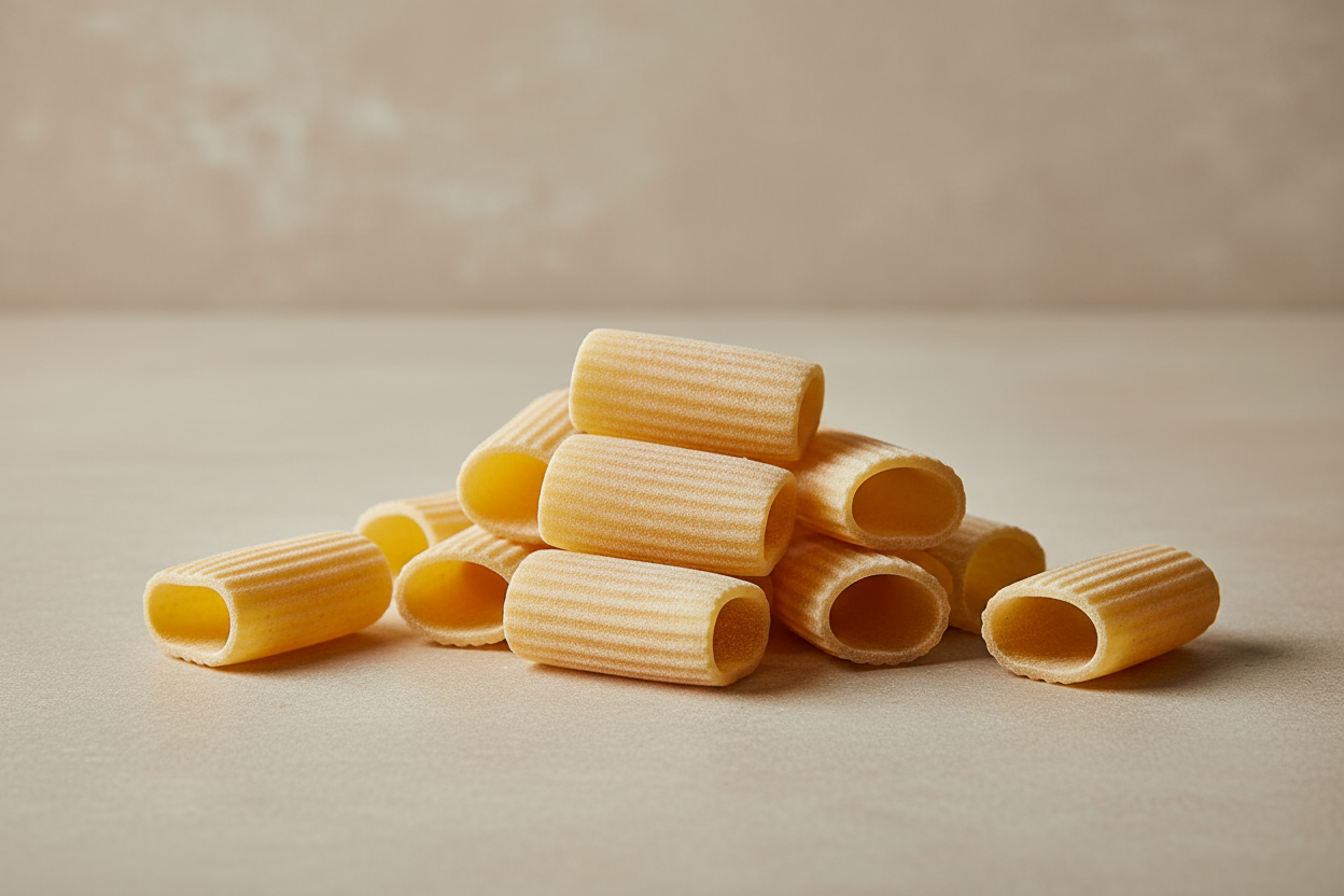 Foto professionale di pasta fresca artigianale tipo mezzi paccheri senza glutine e senza lattosio, realizzata in un laboratorio artigianale, su fondo neutro beige chiaro, luce naturale diffusa, inquadratura frontale, stile e-commerce premium.