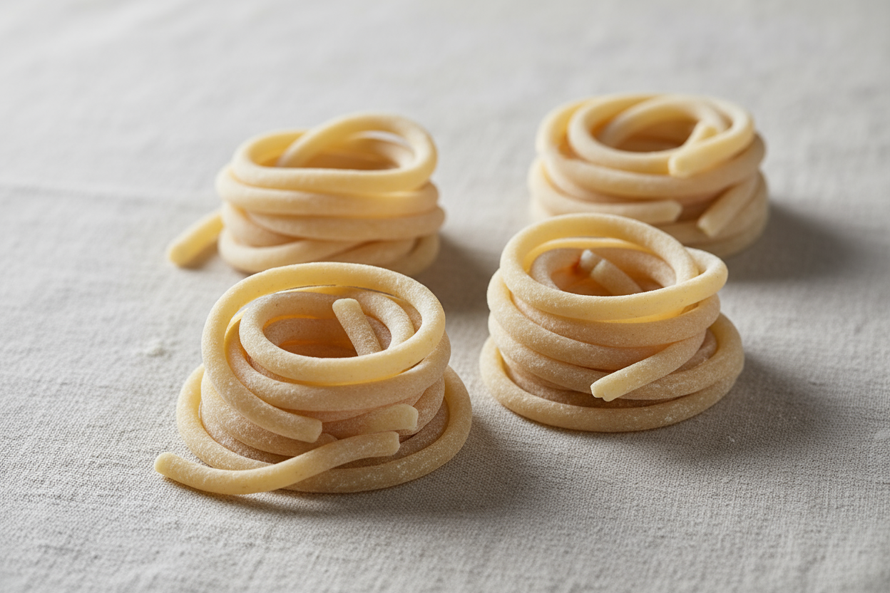 Foto professionale di pasta fresca artigianale tipo pici senza glutine e senza lattosio, su fondo beige chiaro, luce naturale morbida, resa realistica, scatto ravvicinato, stile catalogo e-commerce.