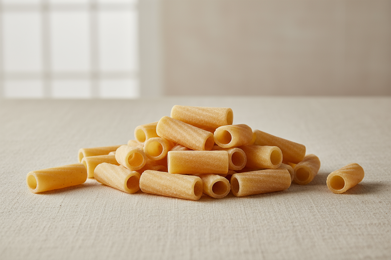 Foto professionale di rigatoncini freschi artigianali senza glutine e senza lattosio, su fondo beige chiaro, luce naturale morbida, dettaglio realistico, vista frontale per catalogo online.