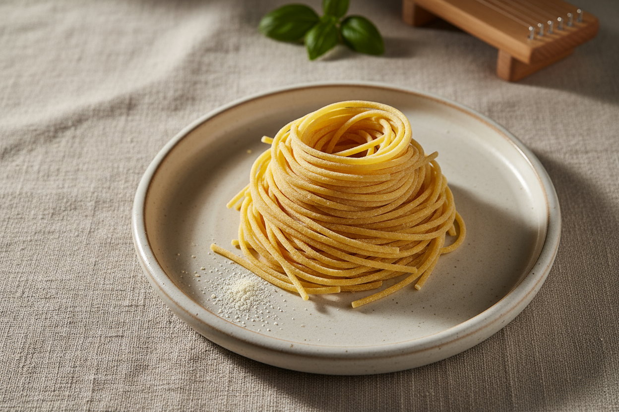 Foto professionale di spaghetti alla chitarra freschi all’uovo senza glutine e senza lattosio, fondo beige chiaro, luce naturale, dettaglio realistico, vista dall’alto o frontale, stile premium.