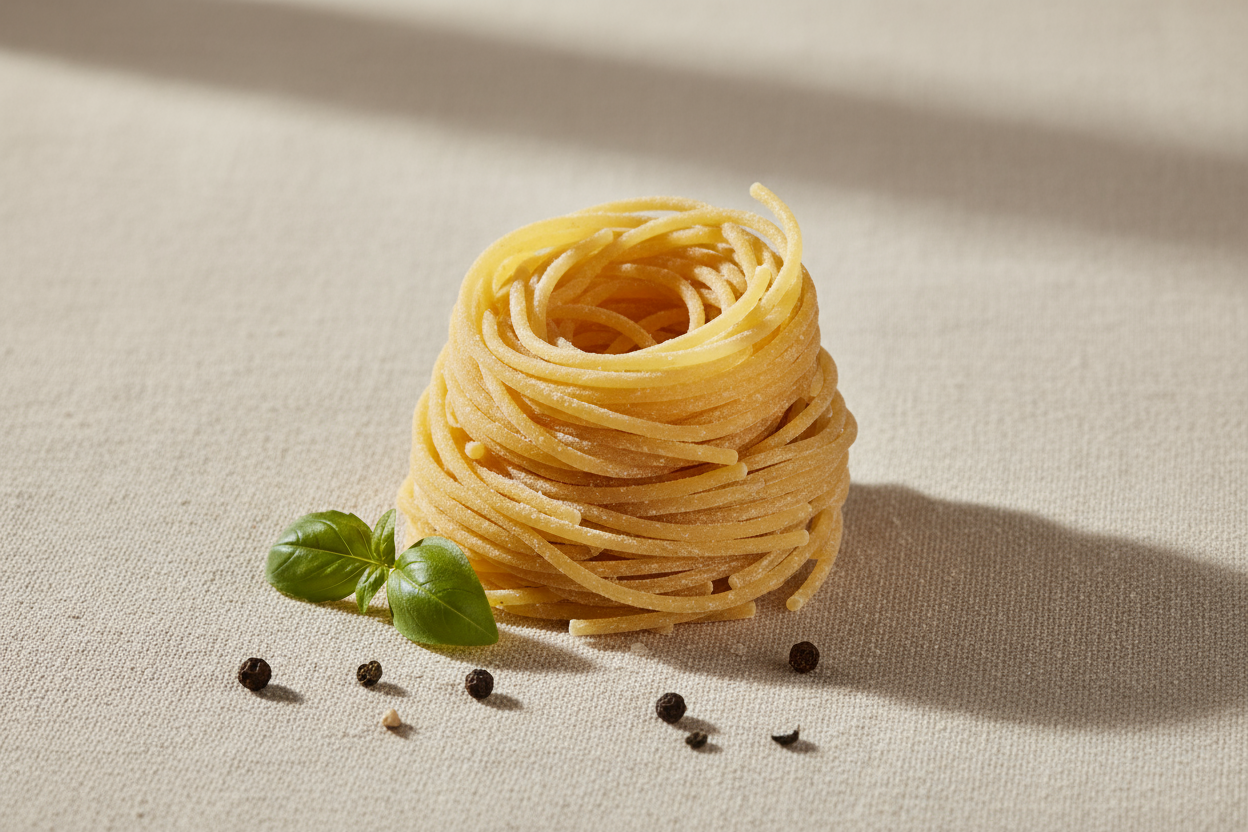 Foto professionale di spaghetti freschi artigianali , avvolti in un nido, su fondo beige chiaro, luce naturale diffusa, resa nitida e naturale, ideale per sito e-commerce.