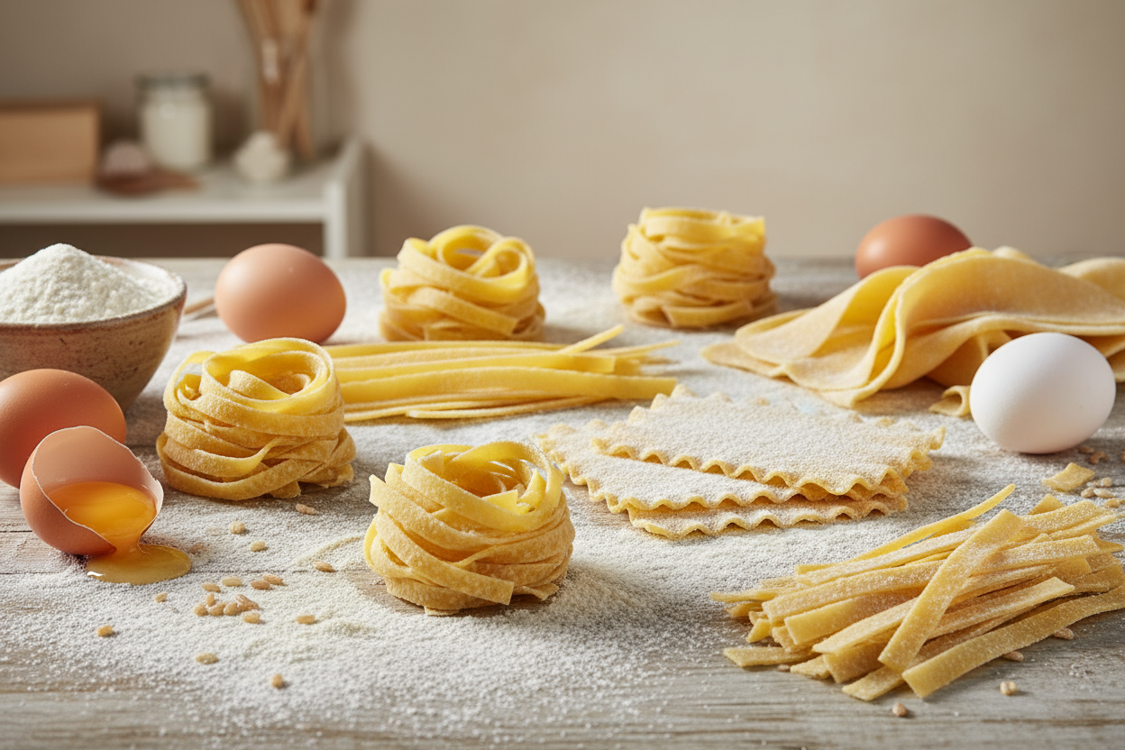 Fotografia professionale di pasta fresca all’uovo senza glutine e senza lattosio, formati assortiti tra tagliatelle, pappardelle, sfoglia per lasagne e spaghetti alla chitarra, disposti su un piano di legno infarinato con uova e farina di riso a vista.
Luce naturale calda, atmosfera artigianale da laboratorio di pasta fresca, dettagli realistici e texture morbide.
Stile e-commerce premium, sfondo neutro o beige chiaro, resa pulita e luminosa, senza loghi o scritte.